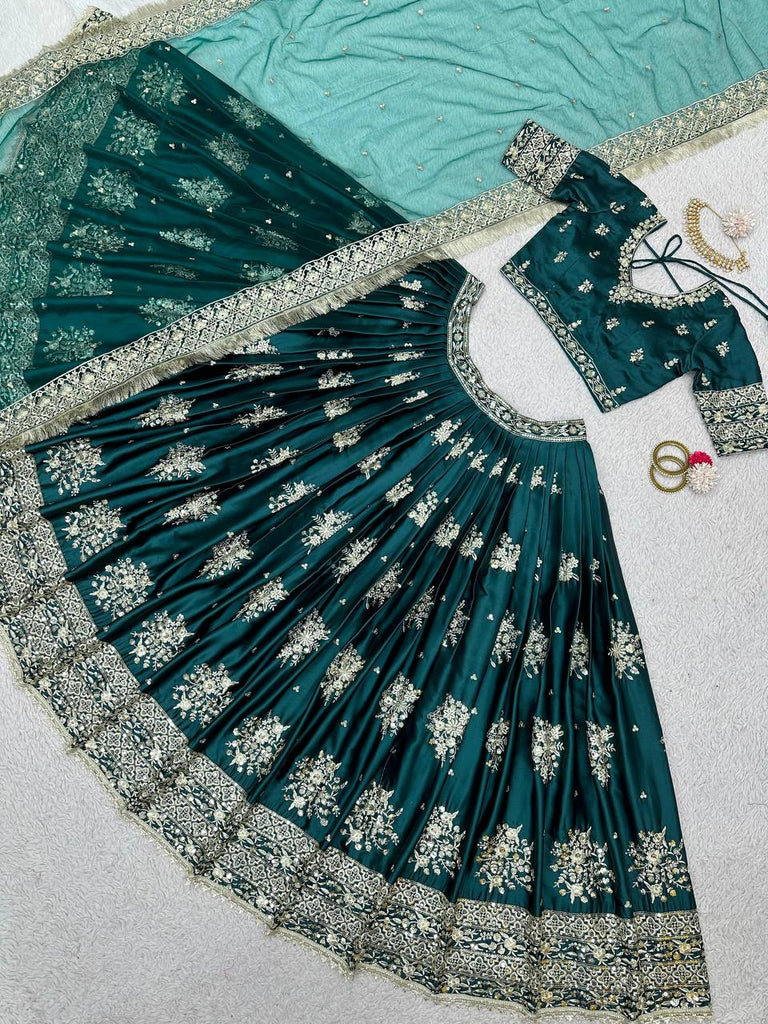 Teal Blue Graceful Japan Satin Semi-Stitched Lehenga Set with Sequence Embroidery & Soft Net Dupatta ClothsVilla