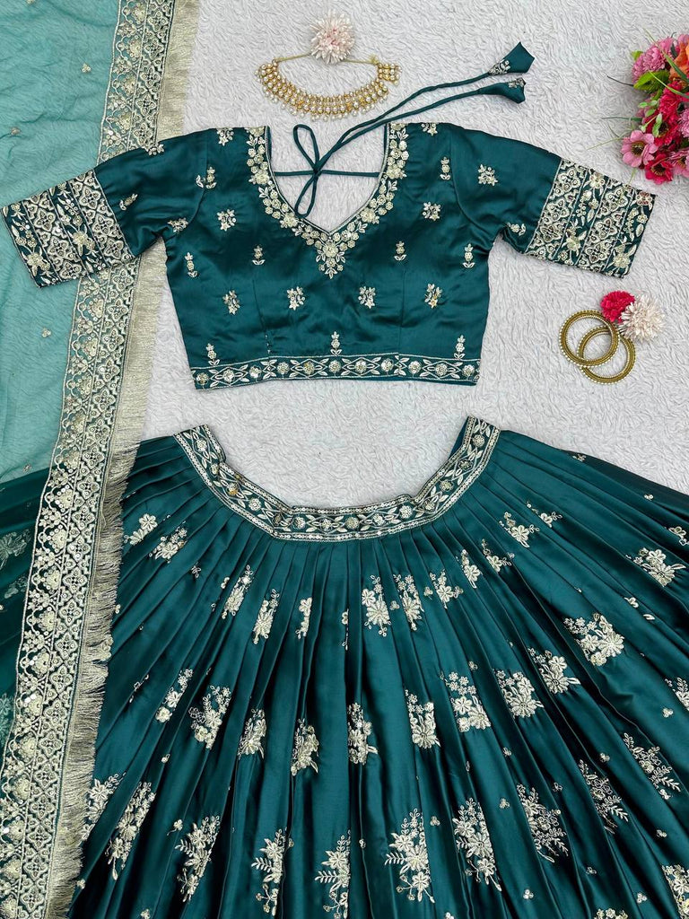 Teal Blue Graceful Japan Satin Semi-Stitched Lehenga Set with Sequence Embroidery & Soft Net Dupatta ClothsVilla