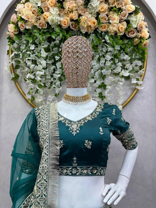 Teal Blue Graceful Japan Satin Semi-Stitched Lehenga Set with Sequence Embroidery & Soft Net Dupatta ClothsVilla