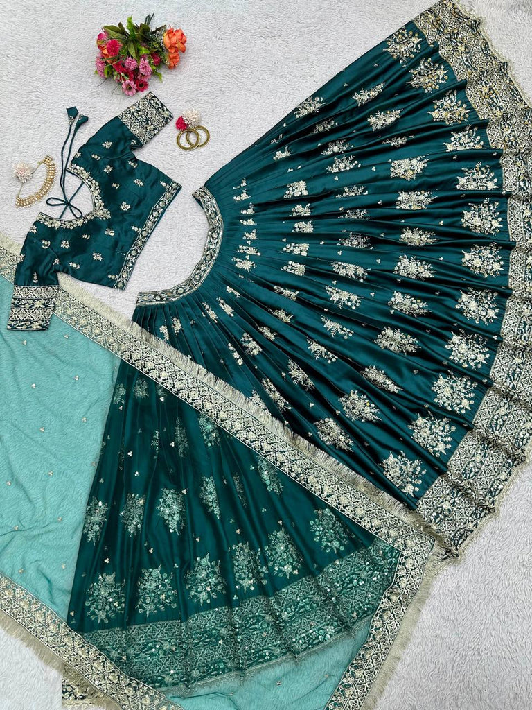 Teal Blue Graceful Japan Satin Semi-Stitched Lehenga Set with Sequence Embroidery & Soft Net Dupatta ClothsVilla