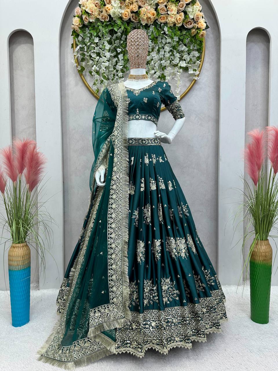 Teal Blue Graceful Japan Satin Semi-Stitched Lehenga Set with Sequence Embroidery & Soft Net Dupatta ClothsVilla Main image