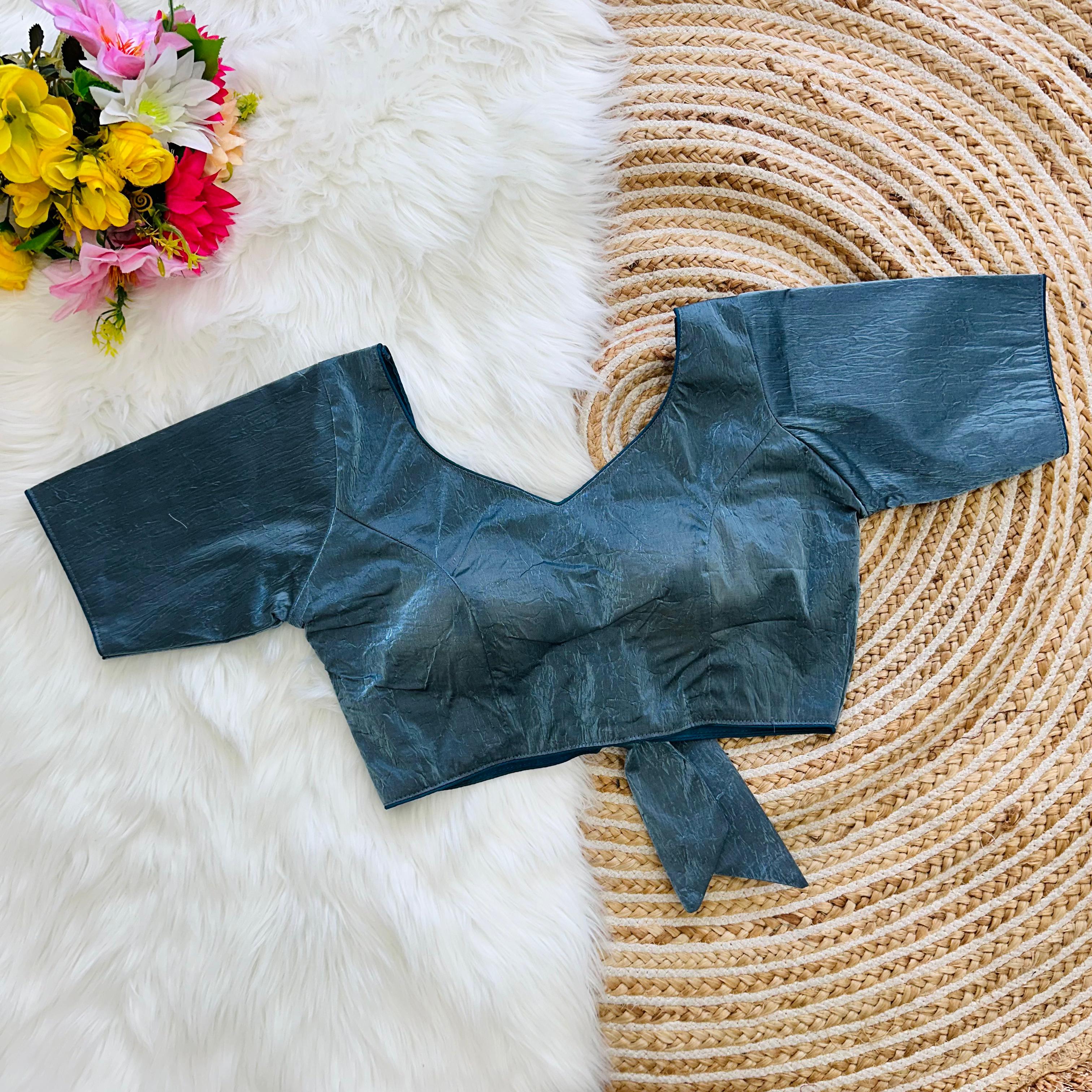 Teal Blue Jio Silk Stylish Pure Metallic Blouse with Beautiful Back Pattern ClothsVilla Main image