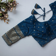 Load image into Gallery viewer, Teal Blue Kashish Silk Blouse with Beautiful Embroidery and Sequined Touch ClothsVilla