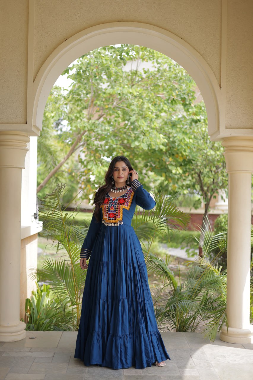 Teal Blue Kutchi Gamthi Mirror Work Gown ClothsVilla