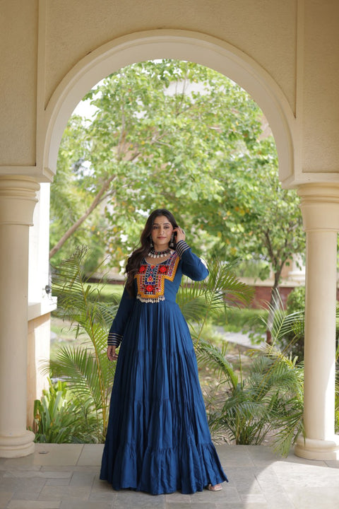 Teal Blue Kutchi Gamthi Mirror Work Gown ClothsVilla Main image