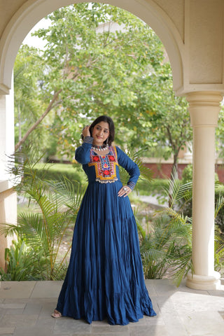 Teal Blue Kutchi Gamthi Mirror Work Gown ClothsVilla