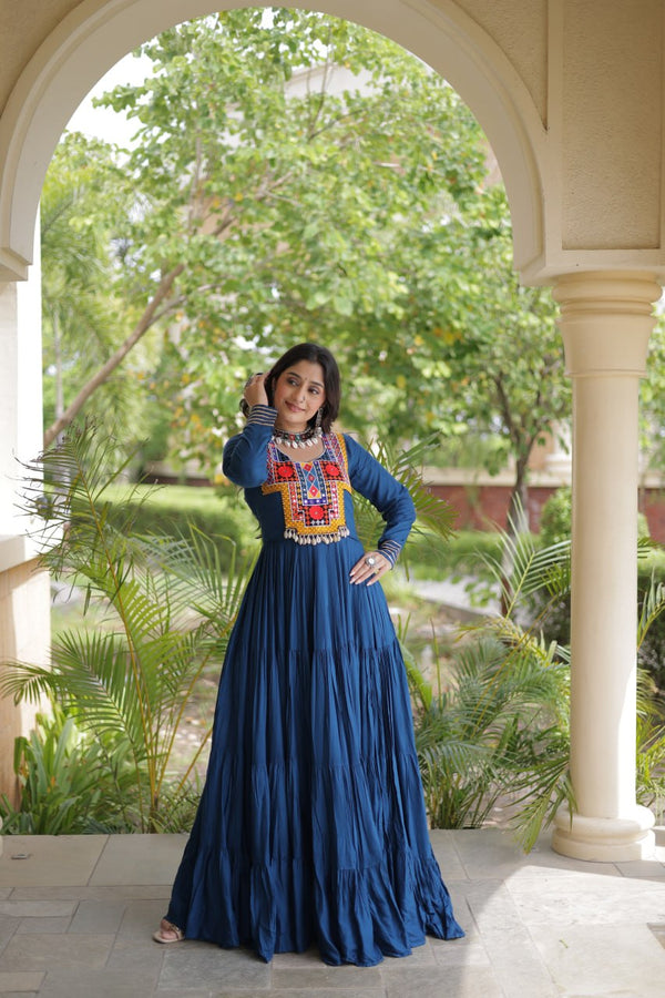Teal Blue Kutchi Gamthi Mirror Work Gown ClothsVilla