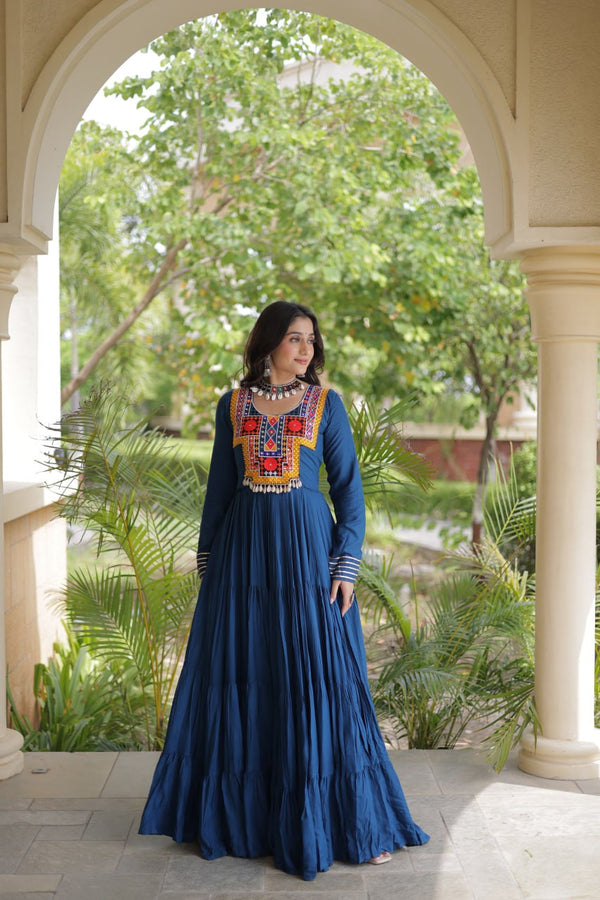 Teal Blue Kutchi Gamthi Mirror Work Gown ClothsVilla