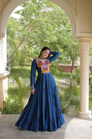 Teal Blue Kutchi Gamthi Mirror Work Gown ClothsVilla