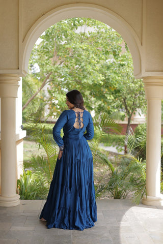 Teal Blue Kutchi Gamthi Mirror Work Gown ClothsVilla