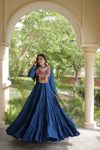 Teal Blue Kutchi Gamthi Mirror Work Gown ClothsVilla
