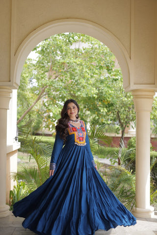 Teal Blue Kutchi Gamthi Mirror Work Gown ClothsVilla