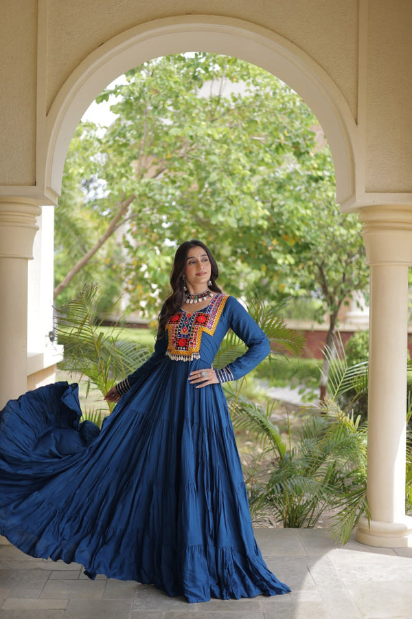 Teal Blue Kutchi Gamthi Mirror Work Gown ClothsVilla