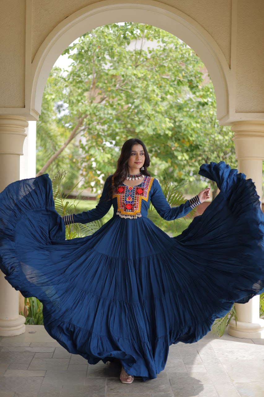 Teal Blue Kutchi Gamthi Mirror Work Gown ClothsVilla