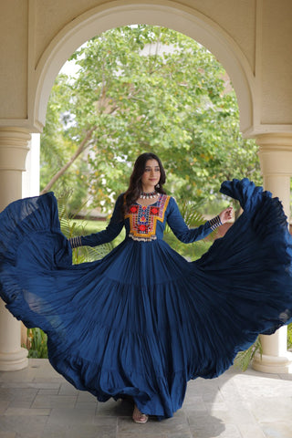 Teal Blue Kutchi Gamthi Mirror Work Gown ClothsVilla