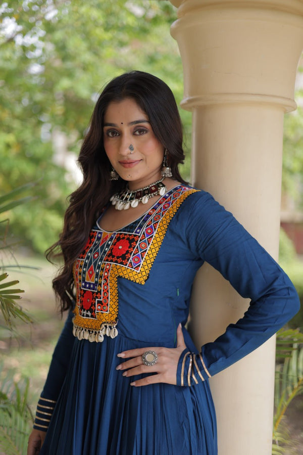 Teal Blue Kutchi Gamthi Mirror Work Gown ClothsVilla