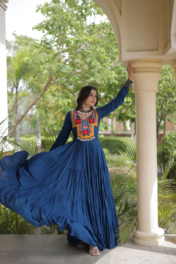 Teal Blue Kutchi Gamthi Mirror Work Gown ClothsVilla