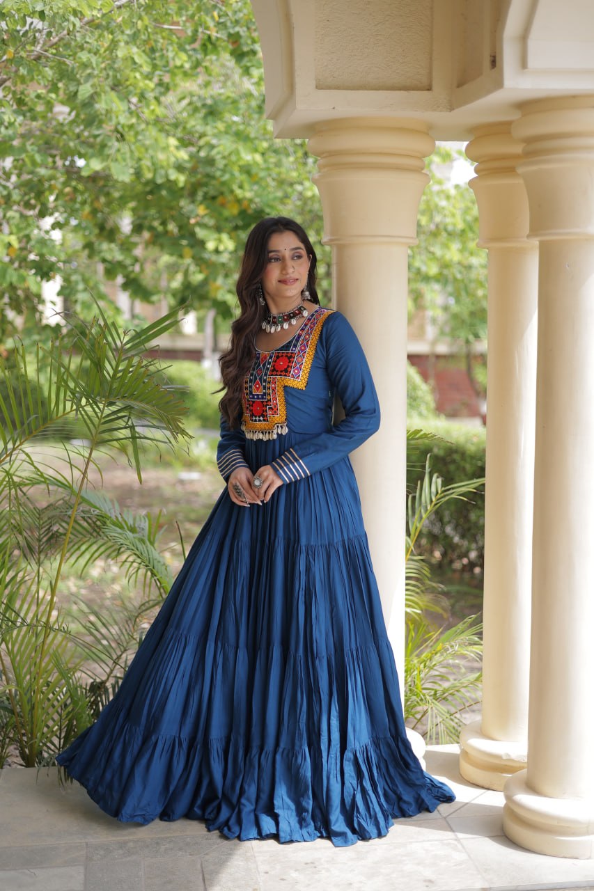 Teal Blue Kutchi Gamthi Mirror Work Gown ClothsVilla