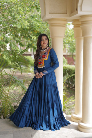 Teal Blue Kutchi Gamthi Mirror Work Gown ClothsVilla