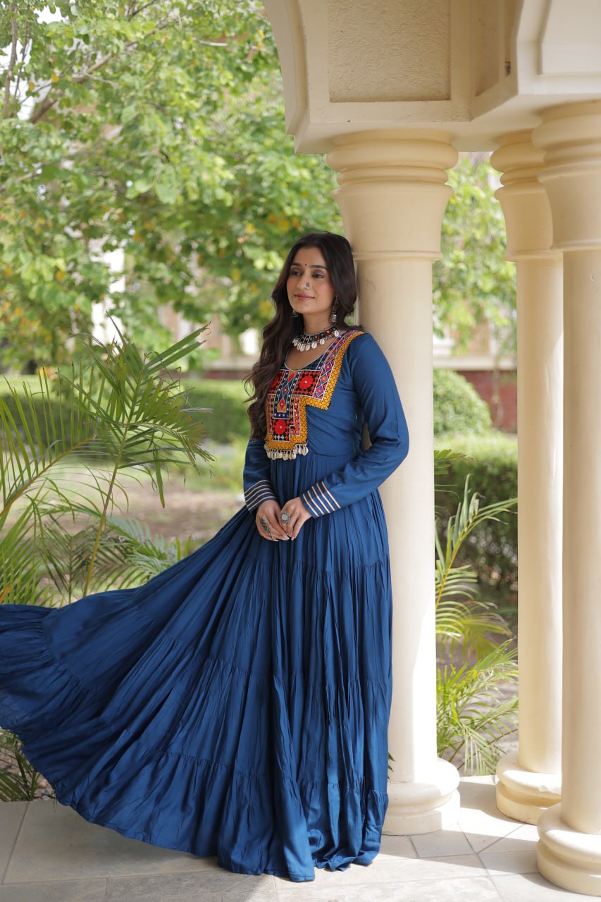 Teal Blue Kutchi Gamthi Mirror Work Gown ClothsVilla