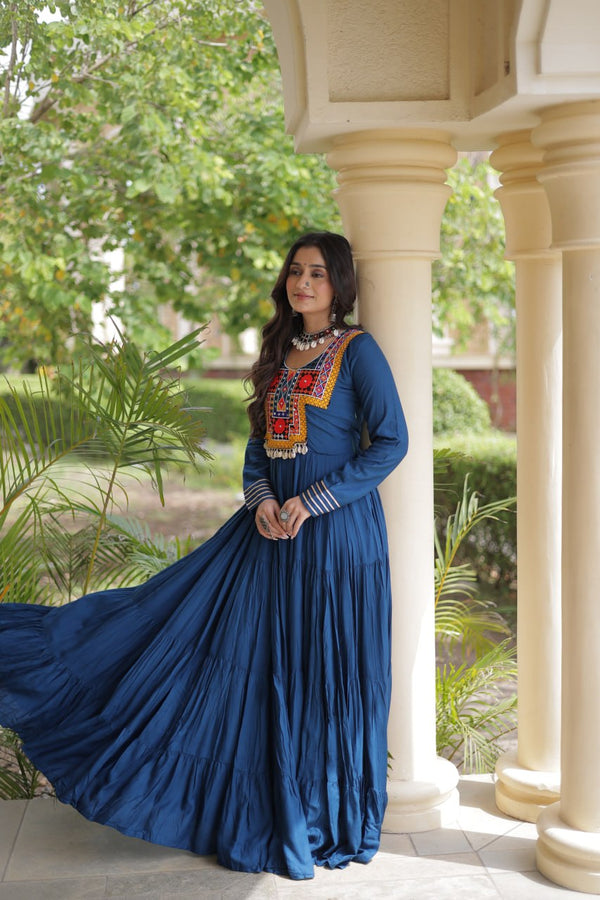 Teal Blue Kutchi Gamthi Mirror Work Gown ClothsVilla