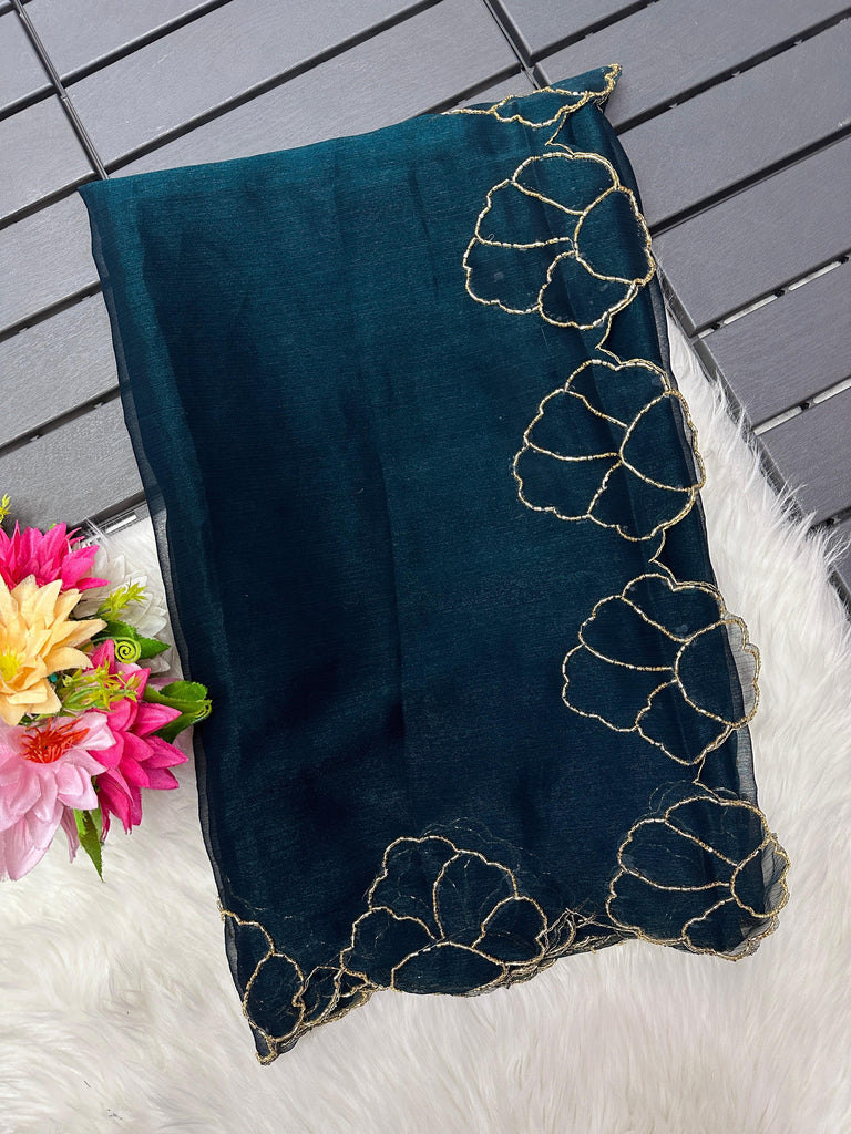 Teal Blue Lotus Jari Silk Saree with Exquisite Golden Handwork & Running Blouse ClothsVilla