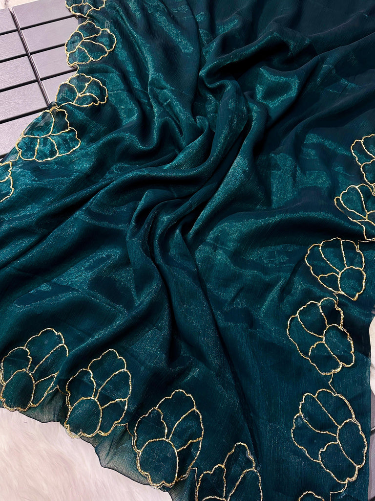 Teal Blue Lotus Jari Silk Saree with Exquisite Golden Handwork & Running Blouse ClothsVilla