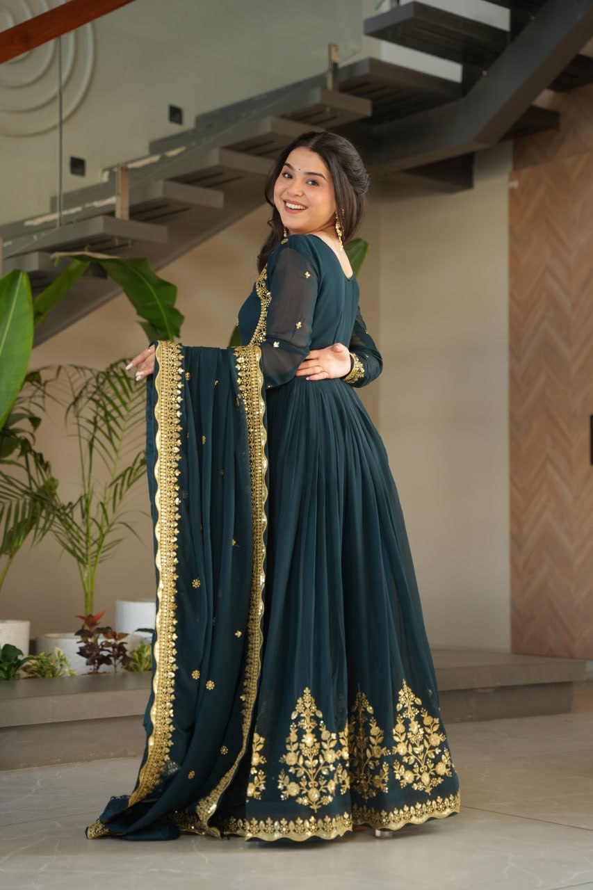 Teal Blue Luxury Designer Faux Blooming Georgette Gown with Zari & Sequin Embroidery ClothsVilla