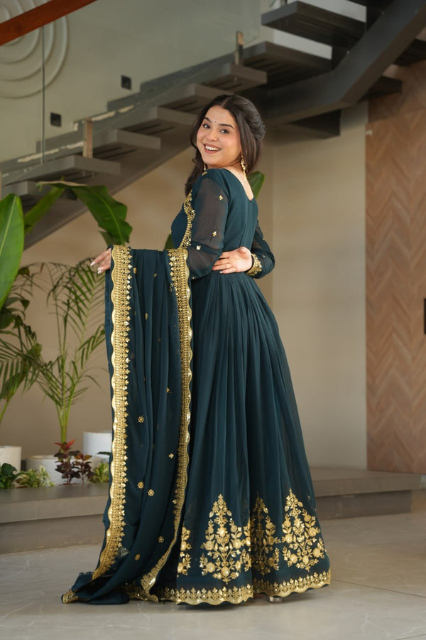 Teal Blue Luxury Designer Faux Blooming Georgette Gown with Zari & Sequin Embroidery ClothsVilla