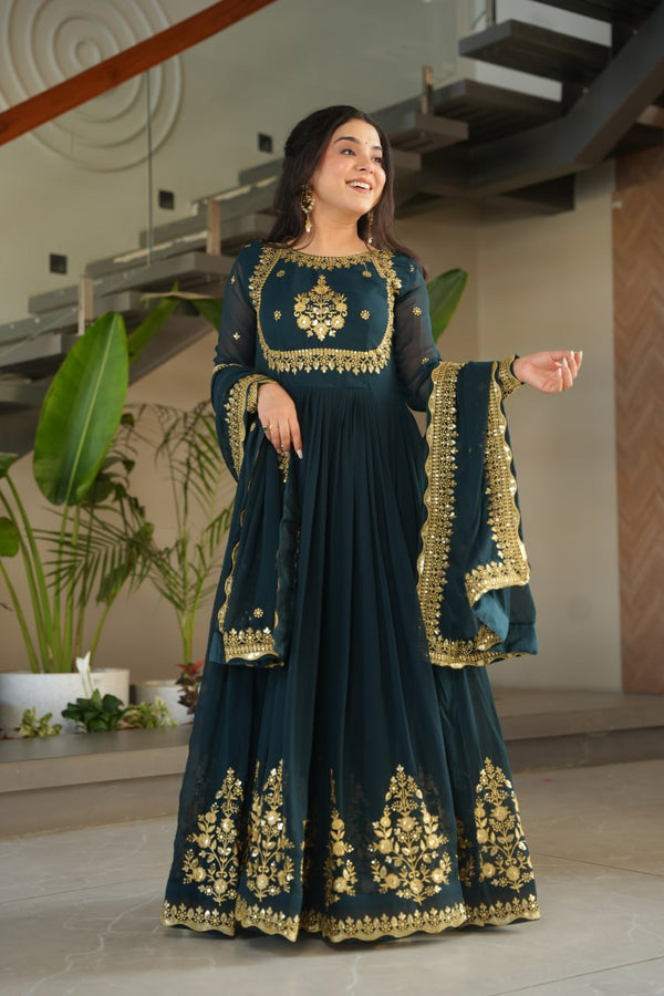Teal Blue Luxury Designer Faux Blooming Georgette Gown with Zari & Sequin Embroidery ClothsVilla