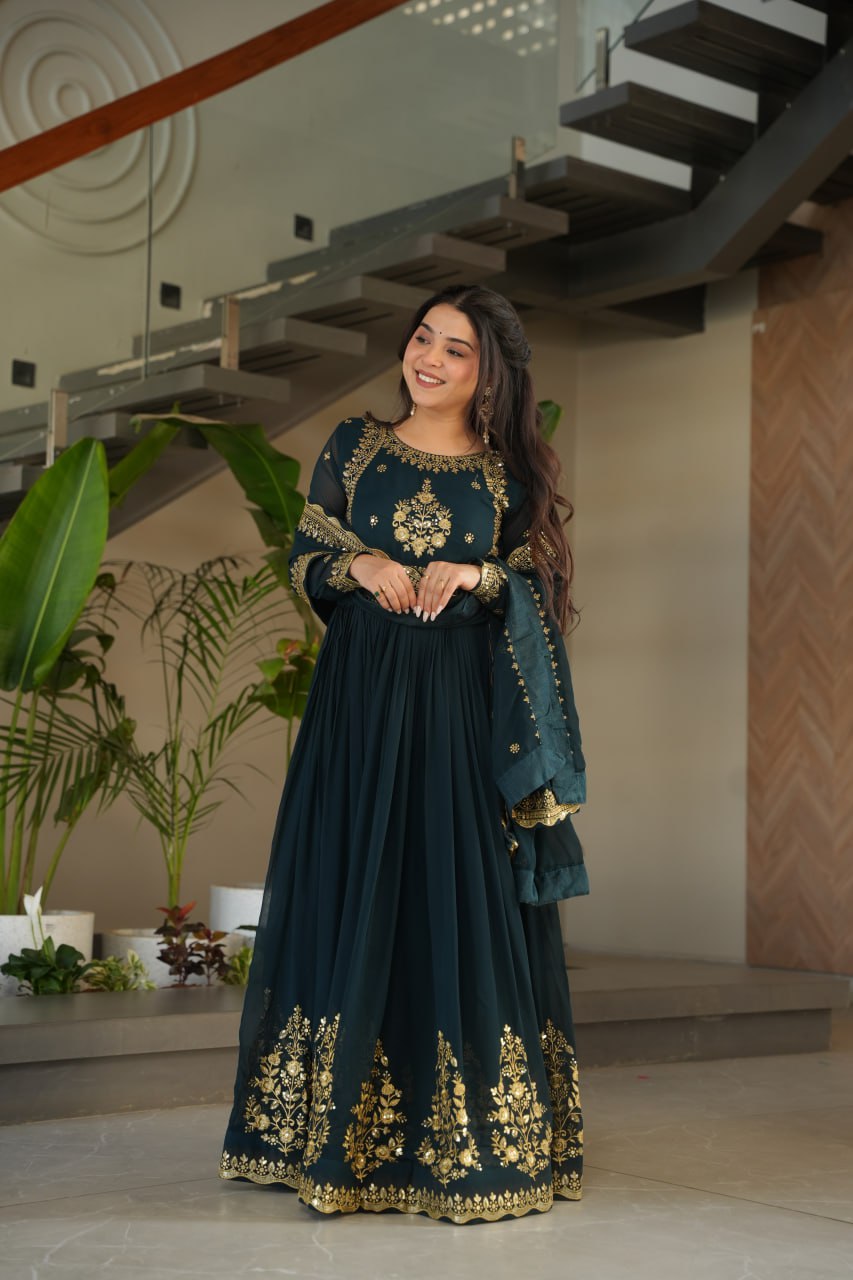 Teal Blue Luxury Designer Faux Blooming Georgette Gown with Zari & Sequin Embroidery ClothsVilla