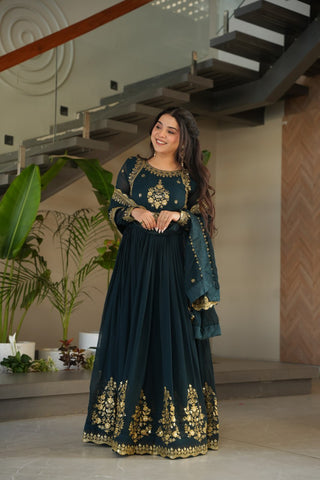 Teal Blue Luxury Designer Faux Blooming Georgette Gown with Zari & Sequin Embroidery ClothsVilla