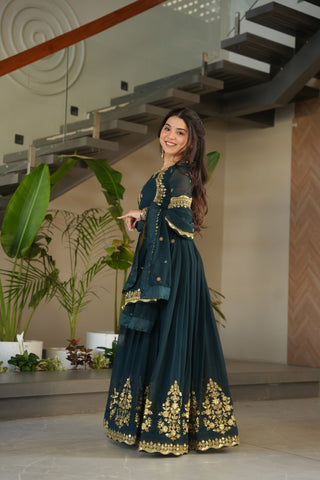 Teal Blue Luxury Designer Faux Blooming Georgette Gown with Zari & Sequin Embroidery ClothsVilla
