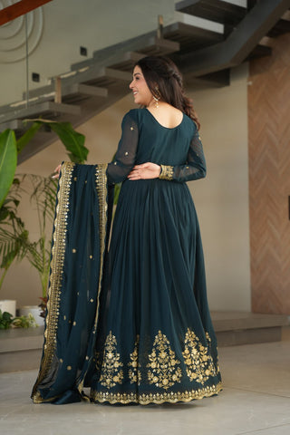 Teal Blue Luxury Designer Faux Blooming Georgette Gown with Zari & Sequin Embroidery ClothsVilla