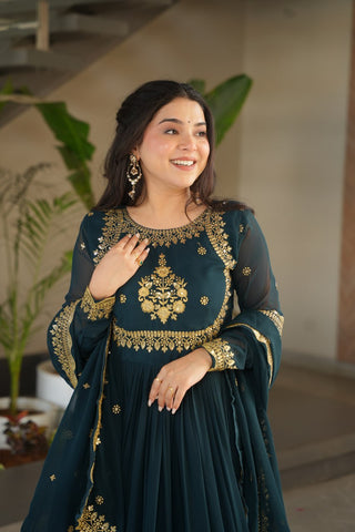 Teal Blue Luxury Designer Faux Blooming Georgette Gown with Zari & Sequin Embroidery ClothsVilla