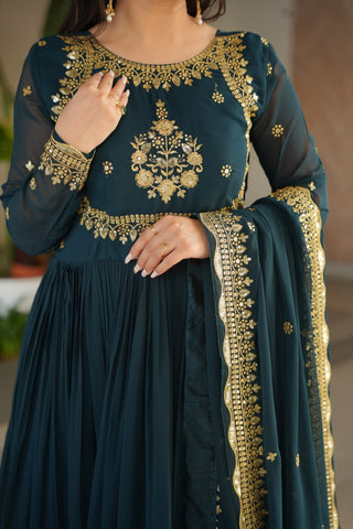 Teal Blue Luxury Designer Faux Blooming Georgette Gown with Zari & Sequin Embroidery ClothsVilla