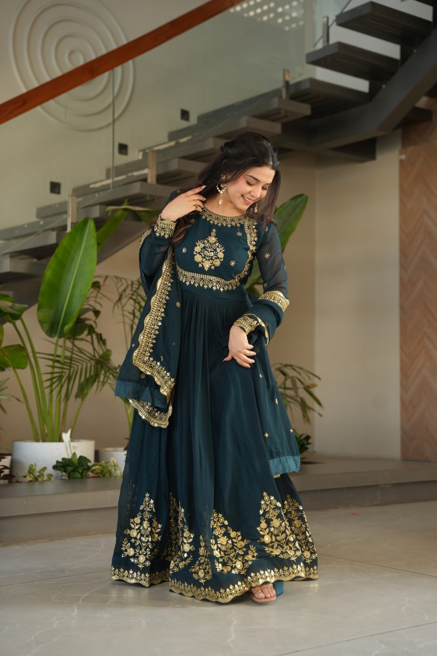 Teal Blue Luxury Designer Faux Blooming Georgette Gown with Zari & Sequin Embroidery ClothsVilla