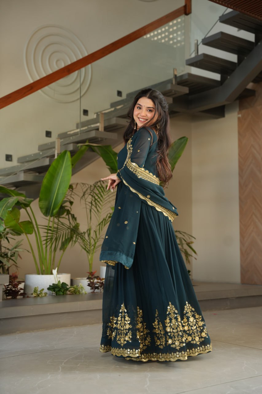 Teal Blue Luxury Designer Faux Blooming Georgette Gown with Zari & Sequin Embroidery ClothsVilla