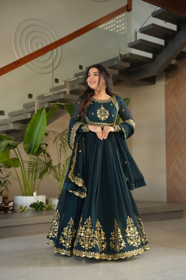 Teal Blue Luxury Designer Faux Blooming Georgette Gown with Zari & Sequin Embroidery ClothsVilla
