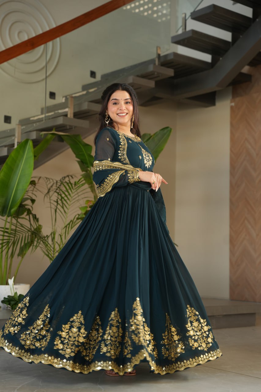 Teal Blue Luxury Designer Faux Blooming Georgette Gown with Zari & Sequin Embroidery ClothsVilla