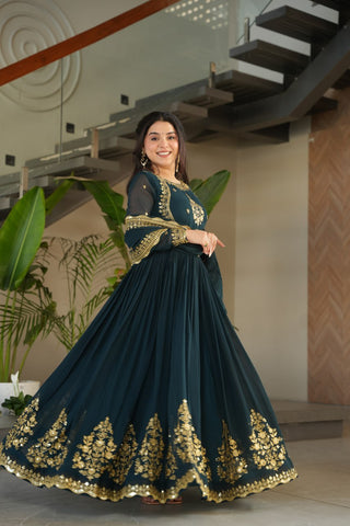 Teal Blue Luxury Designer Faux Blooming Georgette Gown with Zari & Sequin Embroidery ClothsVilla