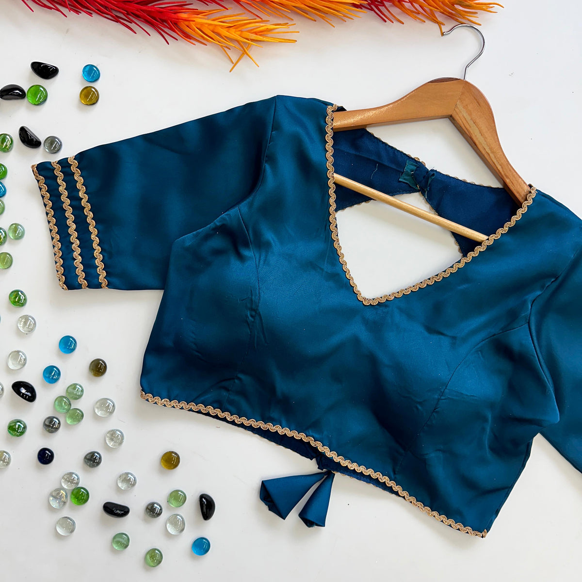 Teal Blue Manali Silk Blouse with Beautiful Sequin Lace Work ClothsVilla Main image
