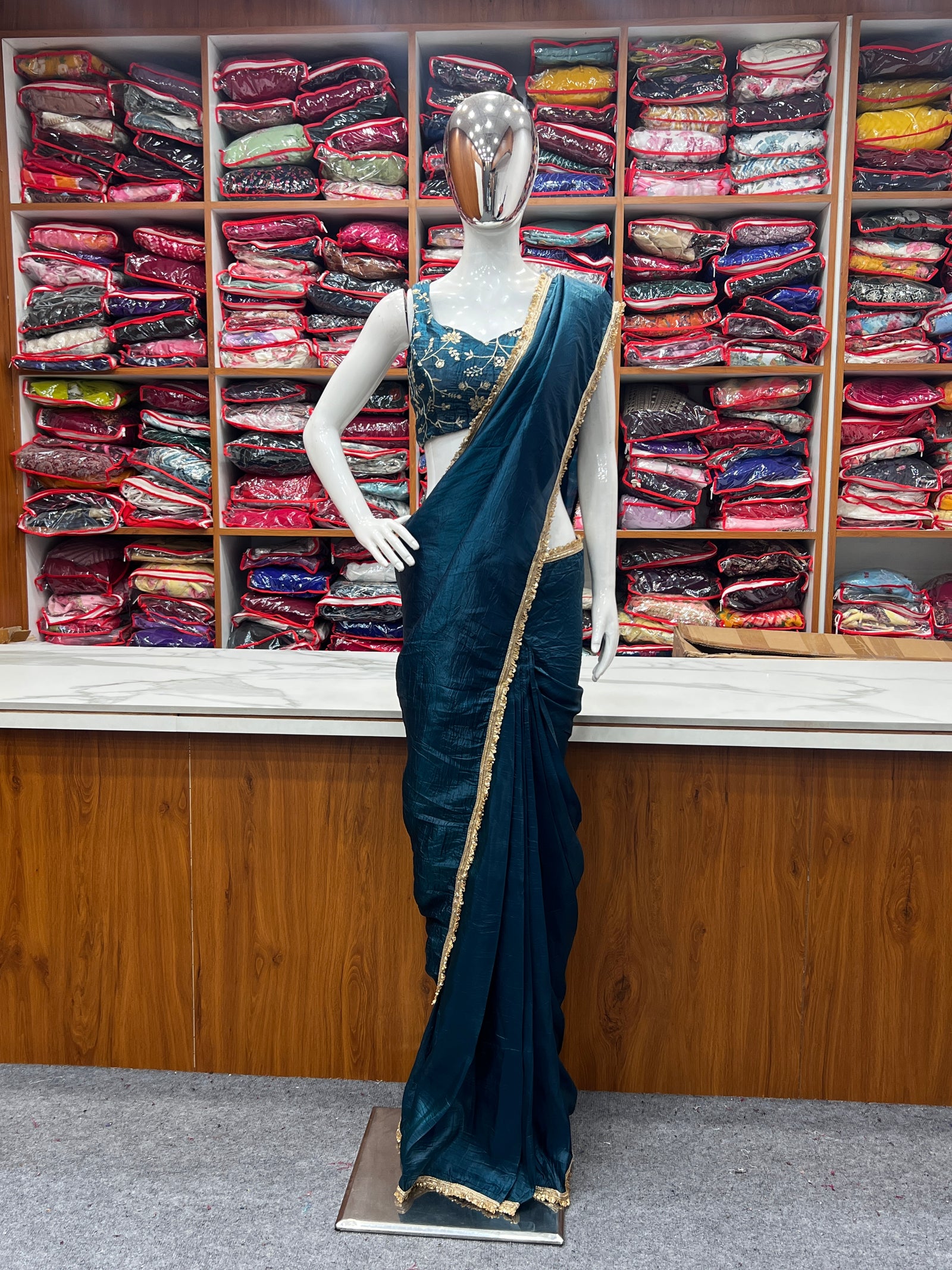 Teal Blue Mauve Elegant Ready-to-Wear Gold Crush Tissue Silk Saree with Fully Stitched Blouse - Premium Quality