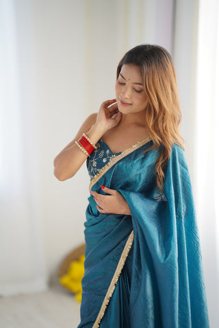 Teal Blue Mauve Elegant Ready-to-Wear Gold Crush Tissue Silk Saree with Fully Stitched Blouse - Premium Quality