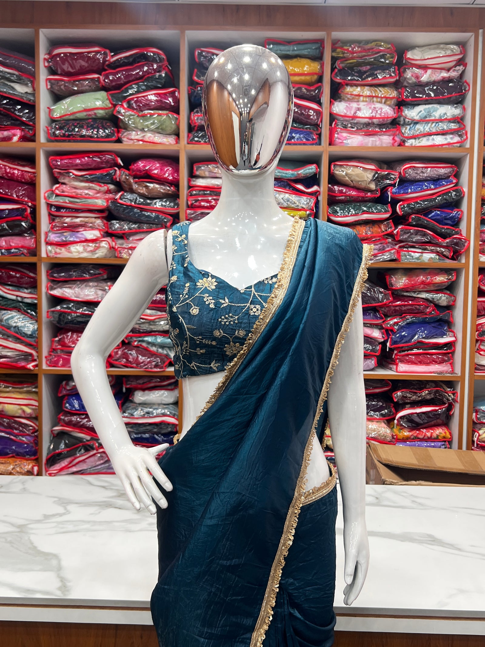Teal Blue Mauve Elegant Ready-to-Wear Gold Crush Tissue Silk Saree with Fully Stitched Blouse - Premium Quality
