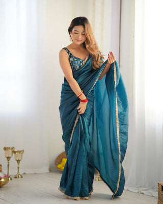 Teal Blue Mauve Elegant Ready-to-Wear Gold Crush Tissue Silk Saree with Fully Stitched Blouse - Premium Quality