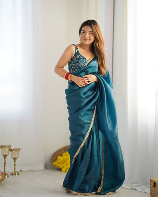Teal Blue Mauve Elegant Ready-to-Wear Gold Crush Tissue Silk Saree with Fully Stitched Blouse - Premium Quality