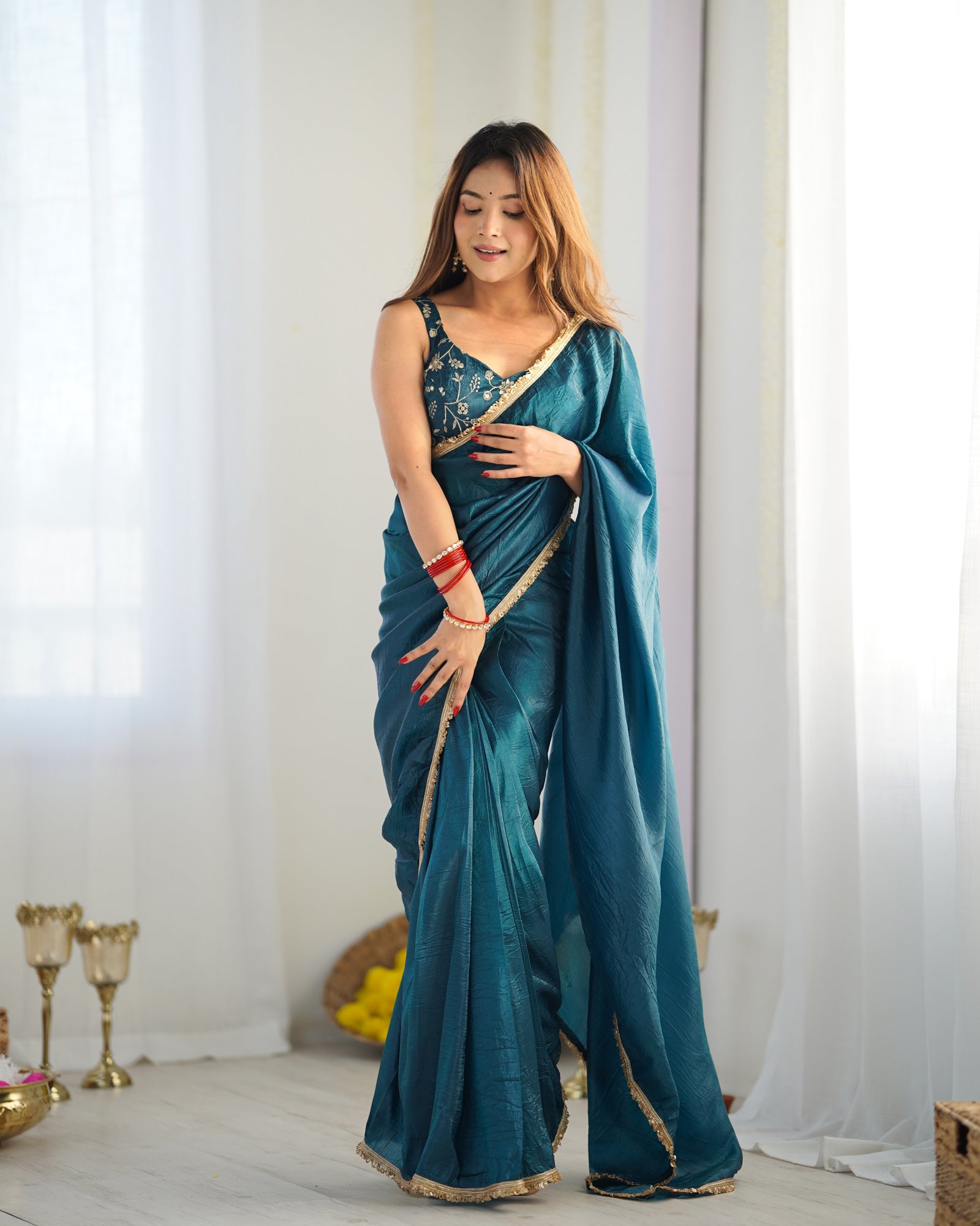 Teal Blue Mauve Elegant Ready-to-Wear Gold Crush Tissue Silk Saree with Fully Stitched Blouse - Premium Quality