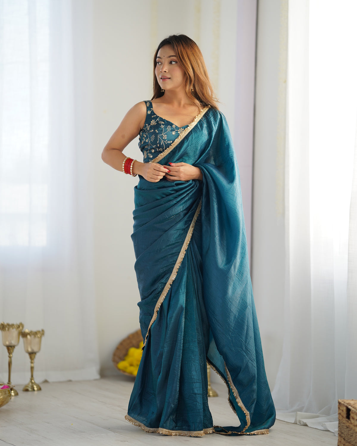 Teal Blue Mauve Elegant Ready-to-Wear Gold Crush Tissue Silk Saree with Fully Stitched Blouse - Premium Quality Main image