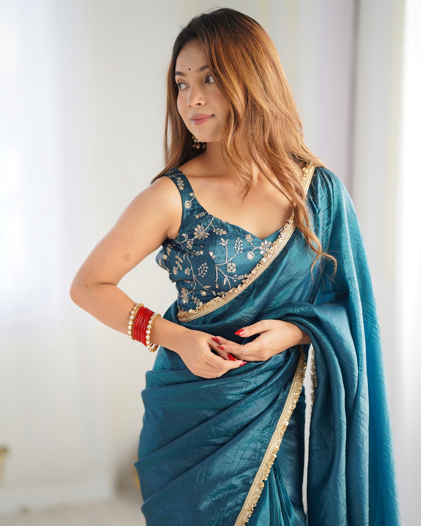 Teal Blue Mauve Elegant Ready-to-Wear Gold Crush Tissue Silk Saree with Fully Stitched Blouse - Premium Quality